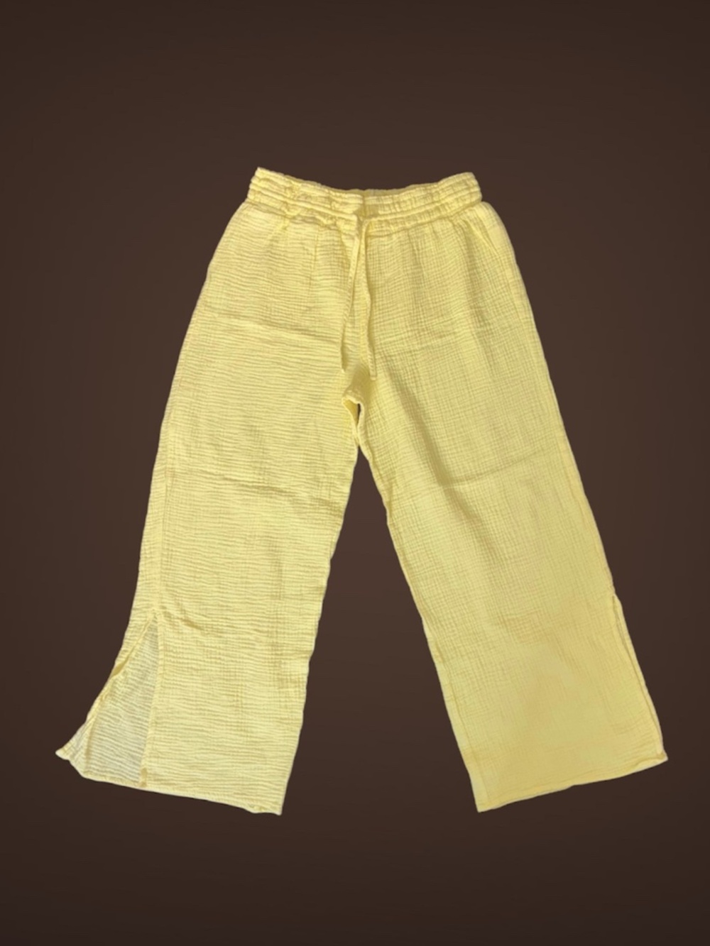 Women's Yellow Cotton Pants, Drawstring,Elastic Waist, Crinkle Texture, Medium